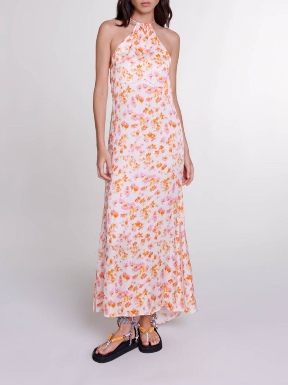 MAJE Rispring Maxi Dress Luxe Floral Airy Satin Halter Gown Party Flowy Stunner - Picture 12 of 16